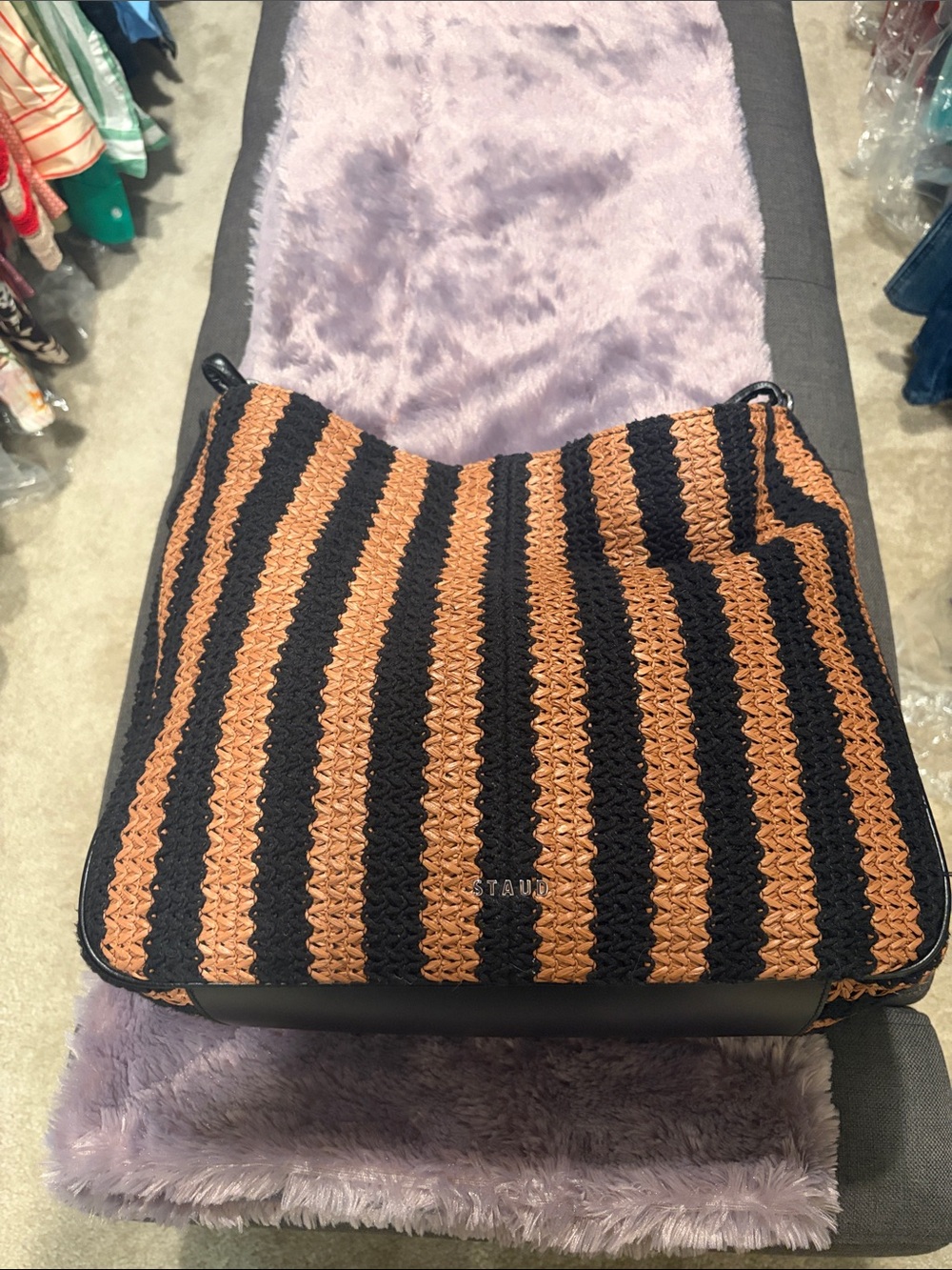 STAUD Black & Brown Striped Woven Shoulder Bag